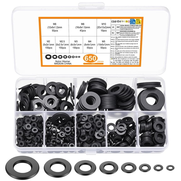 650 Pcs Nylon washers, White Flat Plastic Spacers Washers, Assorted Round Tap Seals Gaskets Rings Washers for Plumbing, Screws Bolts, 5-20mm, M2/M2.5/M3/M4/M5/M6/M8/M10