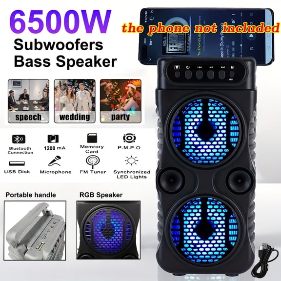 6500W Bluetooth 5.0 Portable DJ PA Speaker RGB Ambient Light TWS Subwoofer FM USB TF AUX Guitar Mic Input Long Battery Party Gift