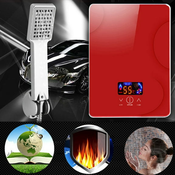 6500W Electric Instant Tankless Hot Water Heater, Red, Boiler Shower System with LED Display Screen for Kitchens AC 220V