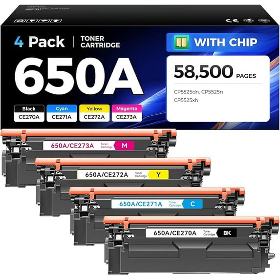 650A Toner Cartridge Set 4-Pack High Yield with Chip Replacement for HP 650A CE270A CE271A CE272A CE273A Compatible with HP Color LaserJet Enterprise CP5525 CP5525dn CP5525n CP5525xh Printer Ink