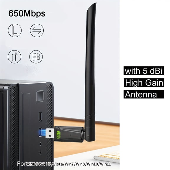 650Mbps USB WiFi Adapter for PC, 5GHz/2.4GHz Wireless Dongle with High Gain Antenna