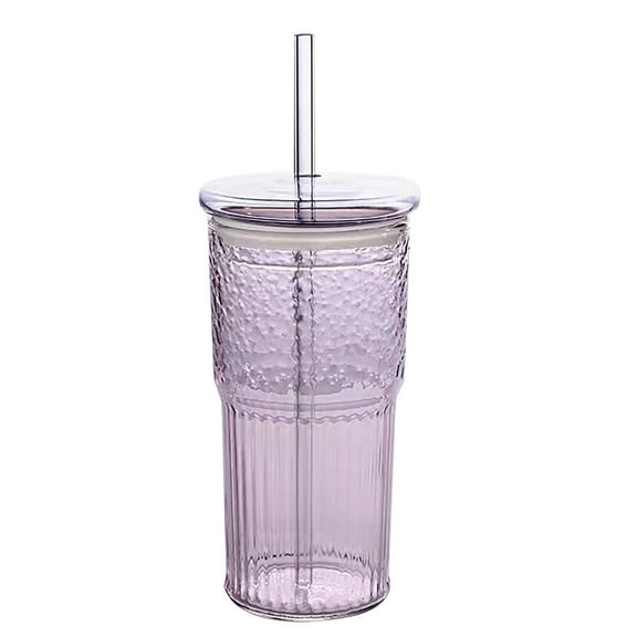 650Ml Glass Cups with Lids and Straws, Borosilicate Iced Coffee Tumblers for Smoothie, Tea, Water, Vintage Ripple Design, Reusable Drinking Glasses (1Pcs) Pink