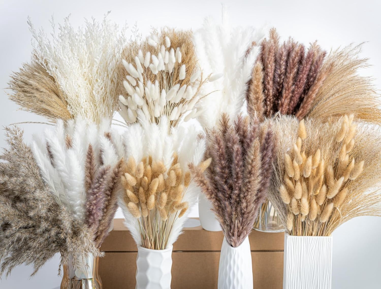 650PCS Natural Dried Pampas Grass Bouquet, Phragmites Dried Flowers Boho Home Decor for Wedding Floral Arrangements & Living Room Decorations