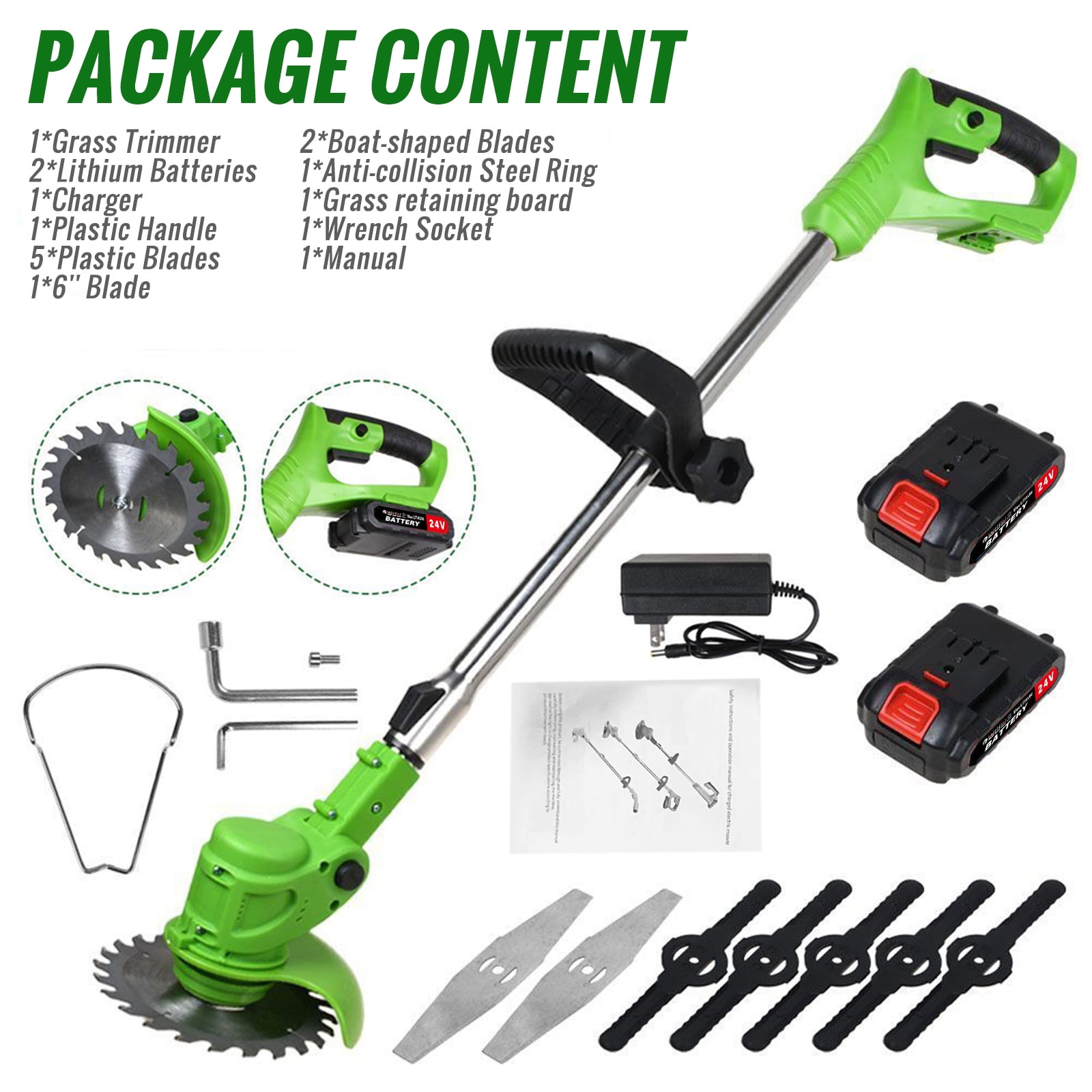 Cortadora de Cesped Electrica Inalambrica de 650 Vatios con Cargador y 2 Baterias Verde Walmart