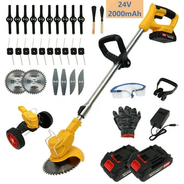 650W Weed Trimmer Cordless, 24V 2000mAh Battery Operated Weed Eater Electric Grass Trimmer with Wheels, 3 in 1 Battery Powered Weed Wacker with 3 Types Blades for Yard Garden, Yellow