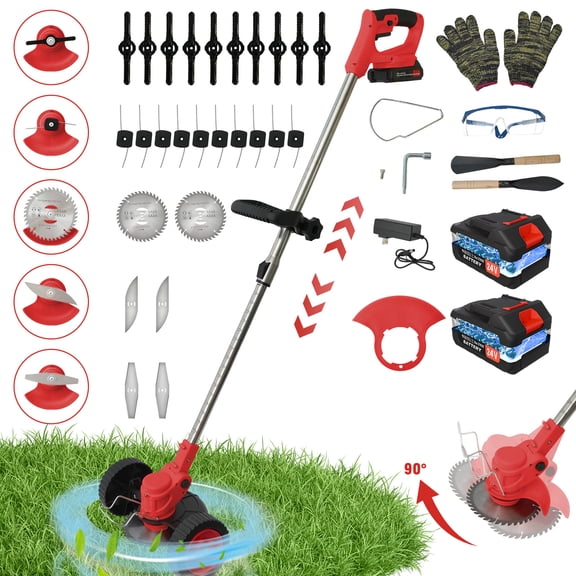 650W Weed Trimmer Cordless, 24V Battery Operated Weed Eater Electric Grass Trimmer with Wheels, 3 in 1 Battery Powered Weed Wacker, Red