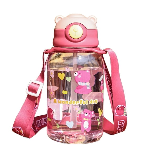 650ml Cartoon Kids Water Bottle with Silicone Nozzle, Portable Outdoor Drinking Cup with Anti-loss Hand Rope