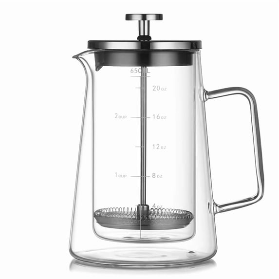 650ml French Press Coffee Maker - Double Wall Borosilicate Glass Tea Kettle, Home Coffee Pot with Filter