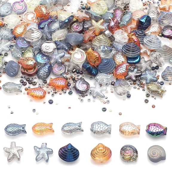 650pcs Ocean Glass Beads for Jewelry Making - Starfish, Shell, Snail, Fish Charms with Seed Beads, Sea Animal Themed Bracelet Kit for DIY Craft Necklace Earrings
