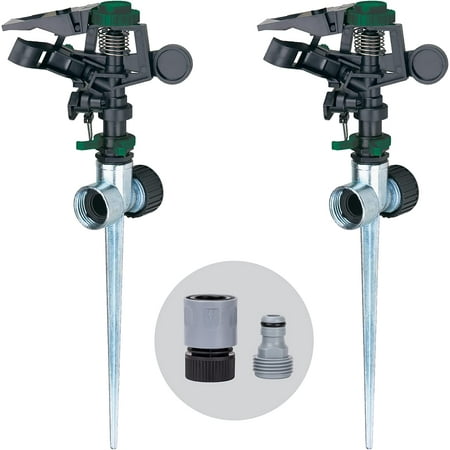 65176AMZ Pulsating Sprinkler Set, 2 Pack, Waters Up to 85 Ft. Diameter, Metal Spike Base, Quick Connect Bundle, Black, Green