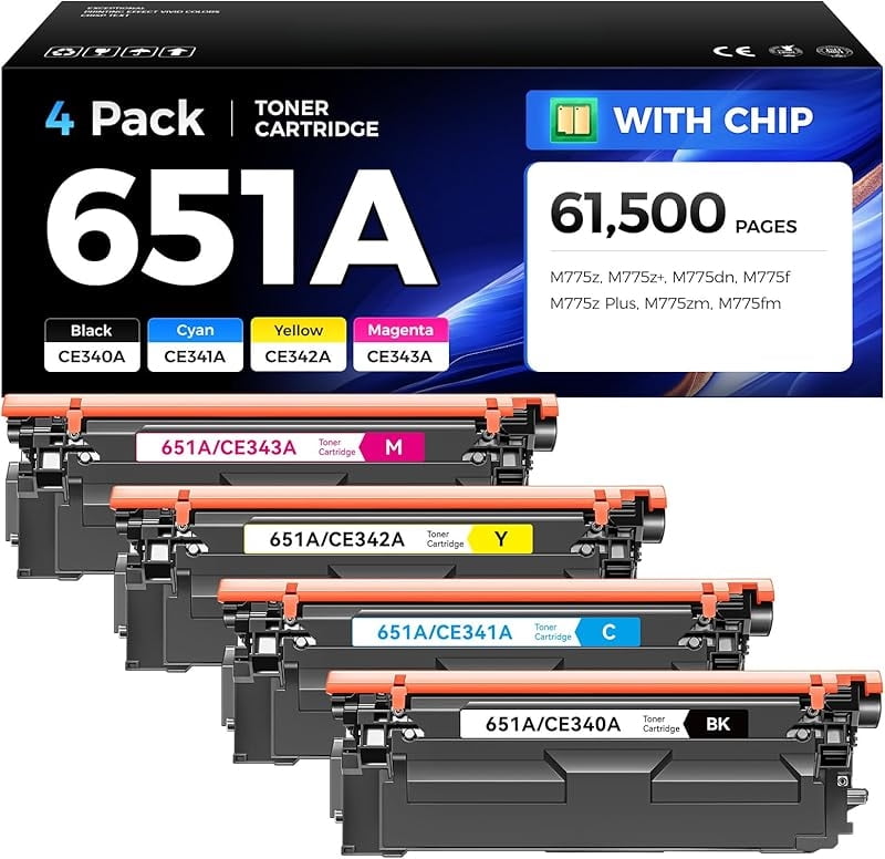 651A Toner Cartridge Set 4-Pack with Chip Replacement for HP 651A