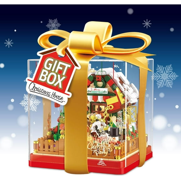 654 Pcs Christmas Snow-Room Building Block Set with LED Lights and Transparent Display Box, Christmas-Toys Christmas-Sock-Filling for Kids & Adults
