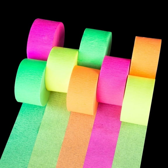 656feet Neon Streamers - 8 Rolls Black Light Reactive Fluorescent Crepe Paper Streamers, Neon Party Decorations Glow in The Dark Party Supplies for 80 90s Glow Parties Birthday Helloween Decor