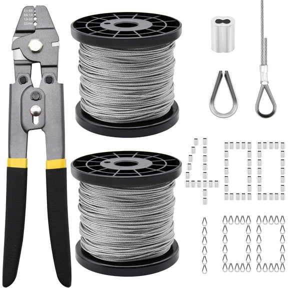 656ft Wire Rope Crimping Tool Kit, Stainless Steel Wire Rope Cable with Aluminum Crimping Sleeves and Stainless Steel Thimbles for Railing, Decking, Picture Hanging (656ft)