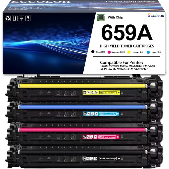 659 659A Toner Cartridges Compatible for HP 659A Toner W2010A W2011A W2012A W2013A Replacement for HP Enterprise M856 M856x M856dn,Enterprise MFP M776 M776dn M776x M776zs M776z Series Printer 4-Pack
