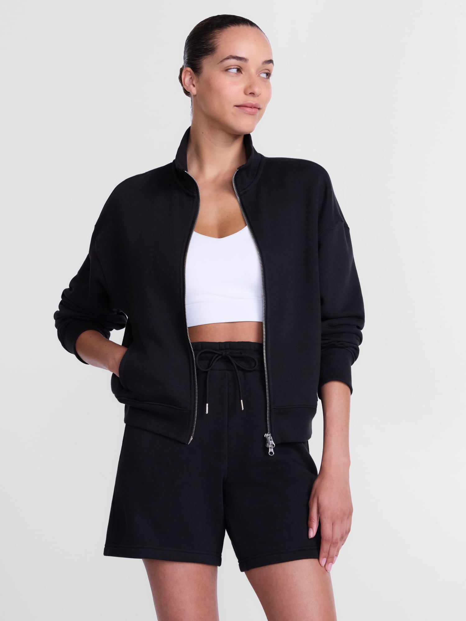 Athletic Works Women's Cropped Fleece Bomber Jacket with Long Sleeves, Sizes XS-XXL