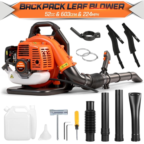 52cc 603 CFM 224 MPH Lightweight Backpack Leaf Blower Gas Powered, 2-Cycle Gasoline Blower with Cruise Control, Professional Backpack Blowers for Lawn Care, Large Yard Waste, Grass & Debris Cleaning