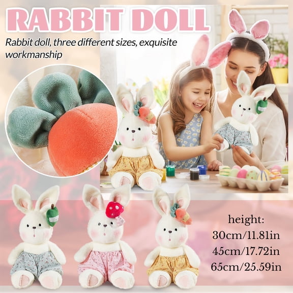 65Cm Easter Bunny Plush Doll Desktop Decoration Accessory, Soft Stuffed Toy With Big Fluffy Ears Adorable Mushroom Headband With White Dot Accents And Patterned Shorts, Perfect
