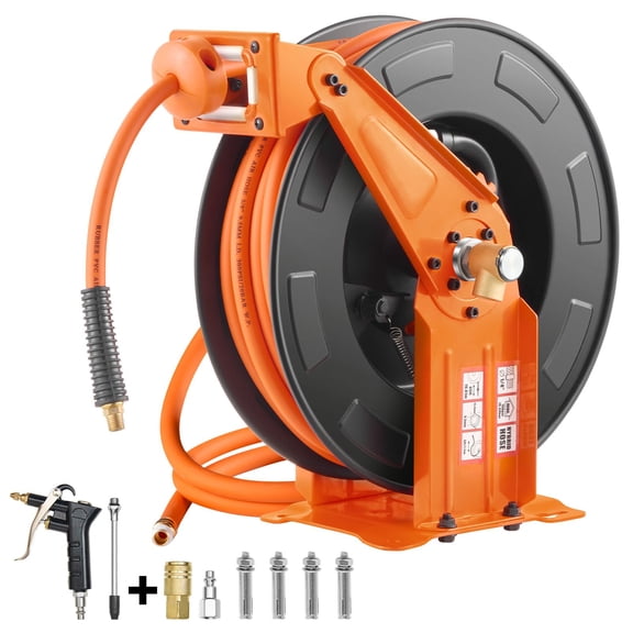 65FT Retractable Air Hose Reel 3/8IN Hybrid Air Hose Double Arms, Auto Rewind, for Air Tools