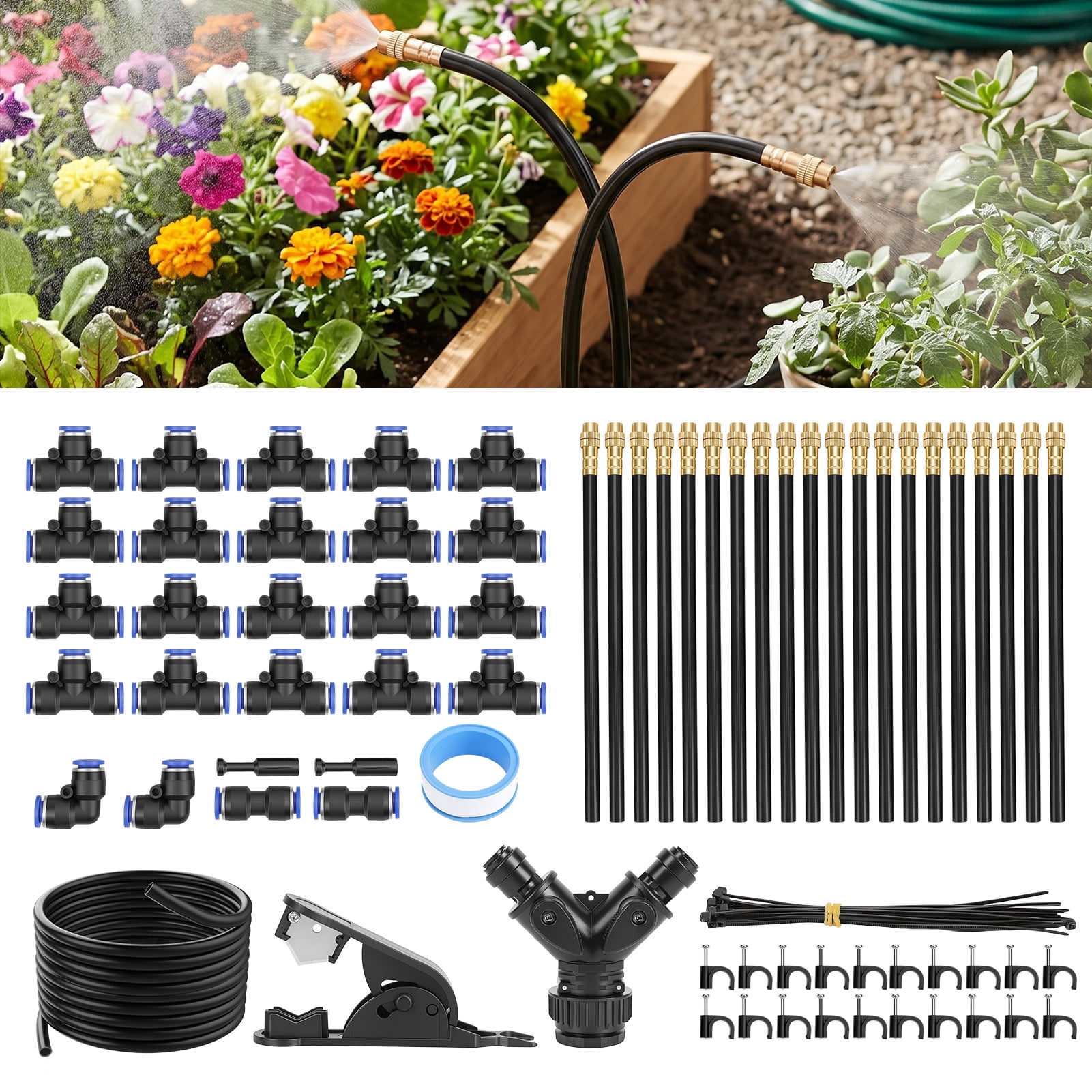 65Ft Drip Irrigation System,Upgrade 360° Adjustable Garden Irrigation Kit with 20pcs Copper Nozzles for Outdoor Plants, Lawn & Garden Use