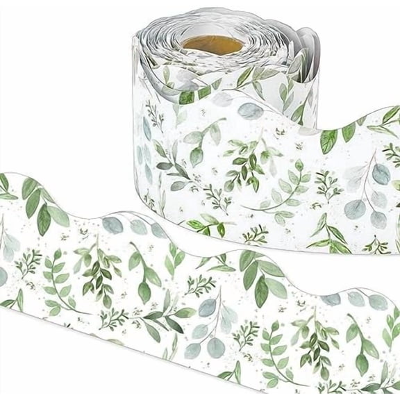 65Ft Greenery Bulletin Borders Watercolor Eucalyptus Leaf Decorative Trim Border Green Leaves Board Trim for School Wall Blackboard Classroom DIY Crafts, 1 Roll$$Office