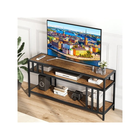 65INCH TV Stand Entertainment Center with Quadruple-Tube Support & Open Storage Shelves, Media Console Table for Living Room Bedroom Home, Retro Color