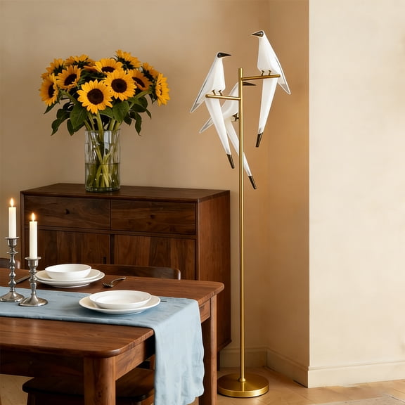 65In Bird Floor Lamp, Modern Origami Bird Lamp, Silver Swinging Crane Pendant Light Fixtures for Living Room Bedroom Dinning Room Office