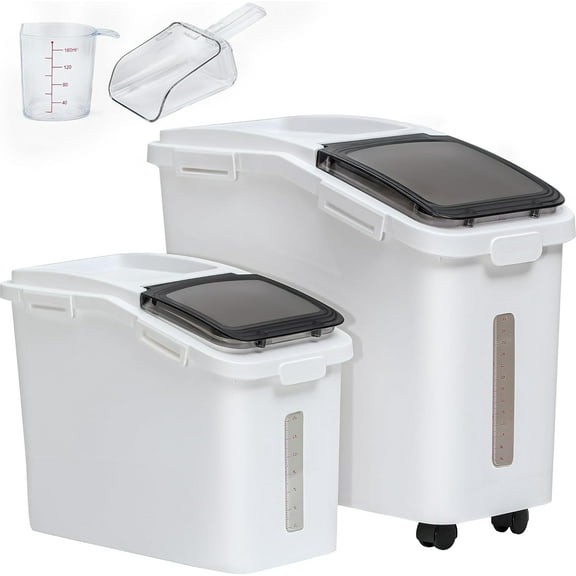 65L/117lbs Large Ingredient Storage Bins, Commercial 11.4+5.8 Gal Rice Flour Storage Container, Organizer Storage Bin with Measuring Cup, Scoop and Wheels for Kitchen, White & Black Lid