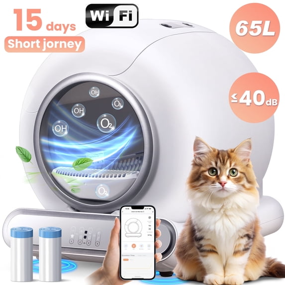 WNANEEZ White automatic self cleaning cat litter box, 65L, APP remote control, sensor safety, odor control