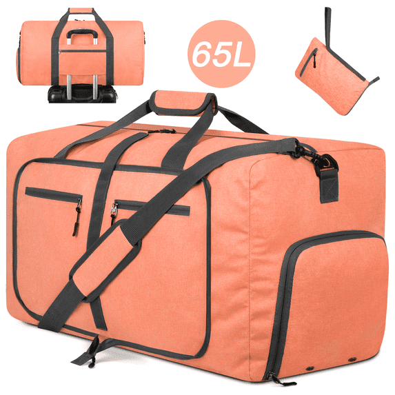 DAKOMM 65L Duffle Bag with Shoes Compartment, 24" Foldable Travel Duffel Bags for Men Women, Large Packable Travel Bag Water Repellent & Tear Resistant, Overnight Weekend Bag for Men (Orange)