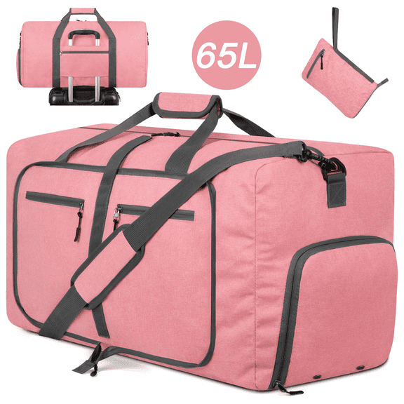 DAKOMM 65L Duffle Bag with Shoes Compartment, 24" Foldable Travel Duffel Bags for Men Women, Large Packable Travel Bag Water Repellent & Tear Resistant, Overnight Weekend Bag for Men (Pink)