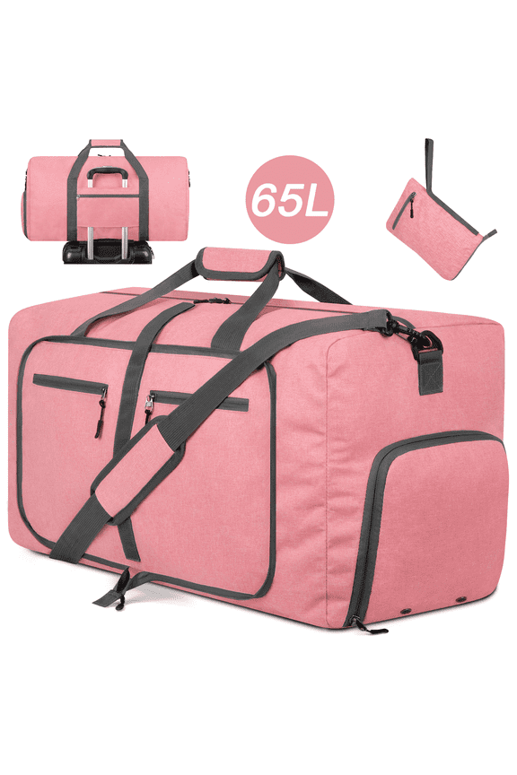 65L Duffle Bag with Shoes Compartment, 24" Foldable Travel Duffel Bags for Men Women, Large Packable Travel Bag Water Repellent & Tear Resistant, Overnight Weekend Bag for Men (Pink)