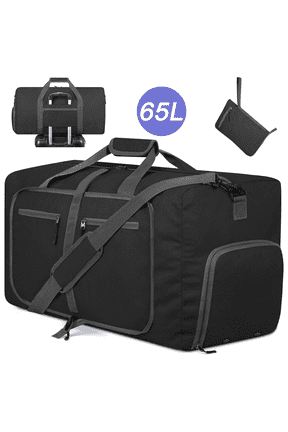 65L Duffle Bag with Shoes Compartment, 24" Foldable Travel Duffel Bags for Men Women, Large Packable Travel Bag Water Repellent & Tear Resistant, Overnight Weekend Bag for Men (Black)