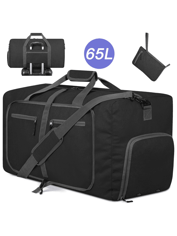 65L Duffle Bag with Shoes Compartment, 24" Foldable Travel Duffel Bags for Men Women, Large Packable Travel Bag Water Repellent & Tear Resistant, Overnight Weekend Bag for Men (Black)