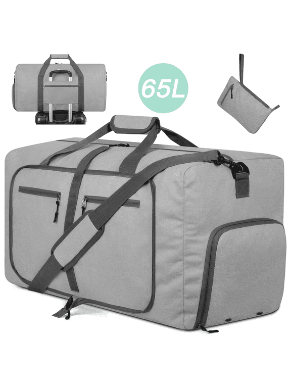 65L Duffle Bag with Shoes Compartment, 24" Foldable Travel Duffel Bags for Men Women, Large Packable Travel Bag Water Repellent & Tear Resistant, Overnight Weekend Bag for Men (Gray)