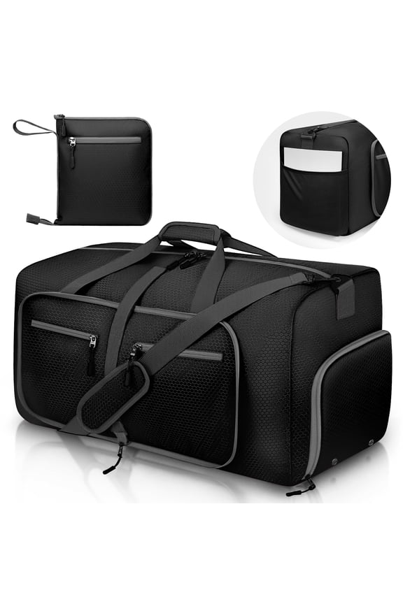 Travel Duffel Bag 65L, Duffle Bag with Shoes Compartment, Foldable Travel Duffel Bags for Men Women, Large Packable Travel Bag Water Repellent & Tear Resistant (Black)