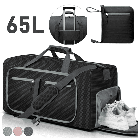 DAKOMM Travel Duffel Bag 65L, Duffle Bag with Shoes Compartment, Foldable Travel Duffel Bags for Men Women, Large Packable Travel Bag Water Repellent & Tear Resistant (Black)