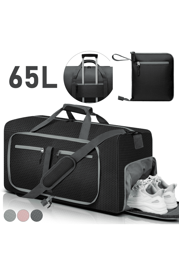 Travel Duffel Bag 65L, Duffle Bag with Shoes Compartment, Foldable Travel Duffel Bags for Men Women, Large Packable Travel Bag Water Repellent & Tear Resistant (Black)