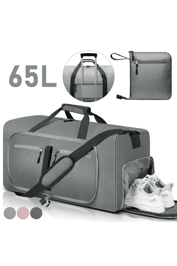 Travel Duffel Bag 65L, Duffle Bag with Shoes Compartment, Foldable Travel Duffel Bags for Men Women, Large Packable Travel Bag Water Repellent & Tear Resistant (Gray)