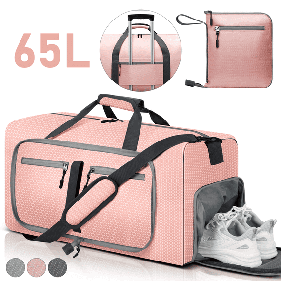 DAKOMM Travel Duffel Bag 65L, Duffle Bag with Shoes Compartment, Foldable Travel Duffel Bags for Men Women, Large Packable Travel Bag Water Repellent & Tear Resistant (Pink)