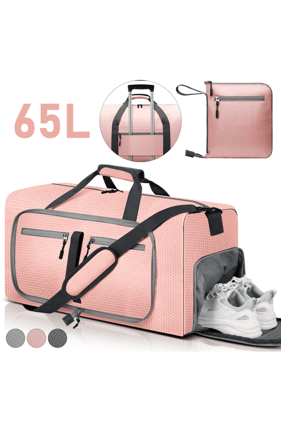 Travel Duffel Bag 65L, Duffle Bag with Shoes Compartment, Foldable Travel Duffel Bags for Men Women, Large Packable Travel Bag Water Repellent & Tear Resistant (Pink)