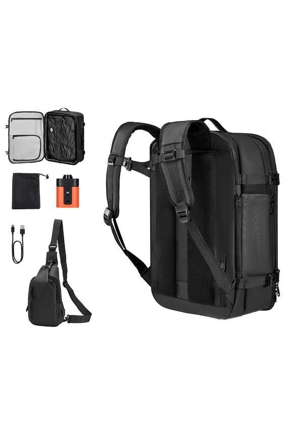 65L Expandable Vacuum Seal Compression Travel Backpack with Pump TSA Approved Lock Water Resistant Carry On Luggage for Business Black