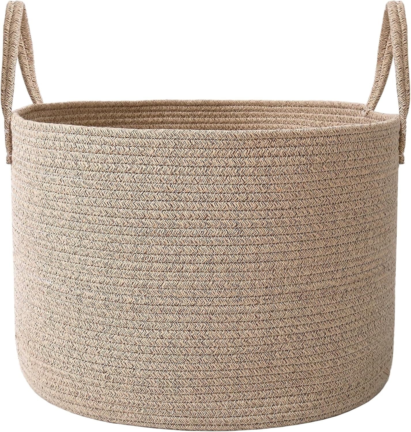 65L Extra Large Blanket Basket for Living Room - Woven Cotton Rope Laundry Hamper with Reinforced Handles - Storage Bin for Pillows, Comforters