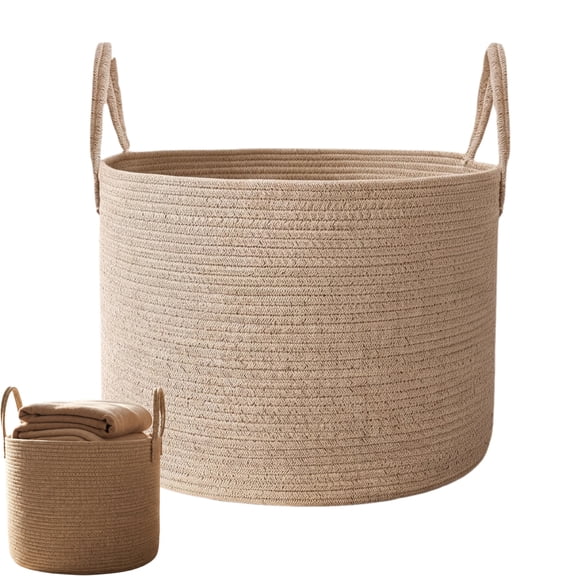 65L Extra Large Blanket Basket for Living Room - Woven Cotton Rope Laundry Hamper with Reinforced Handles - Storage Bin for Pillows, Comforters & Toys - Machine Washable,Oatmeal