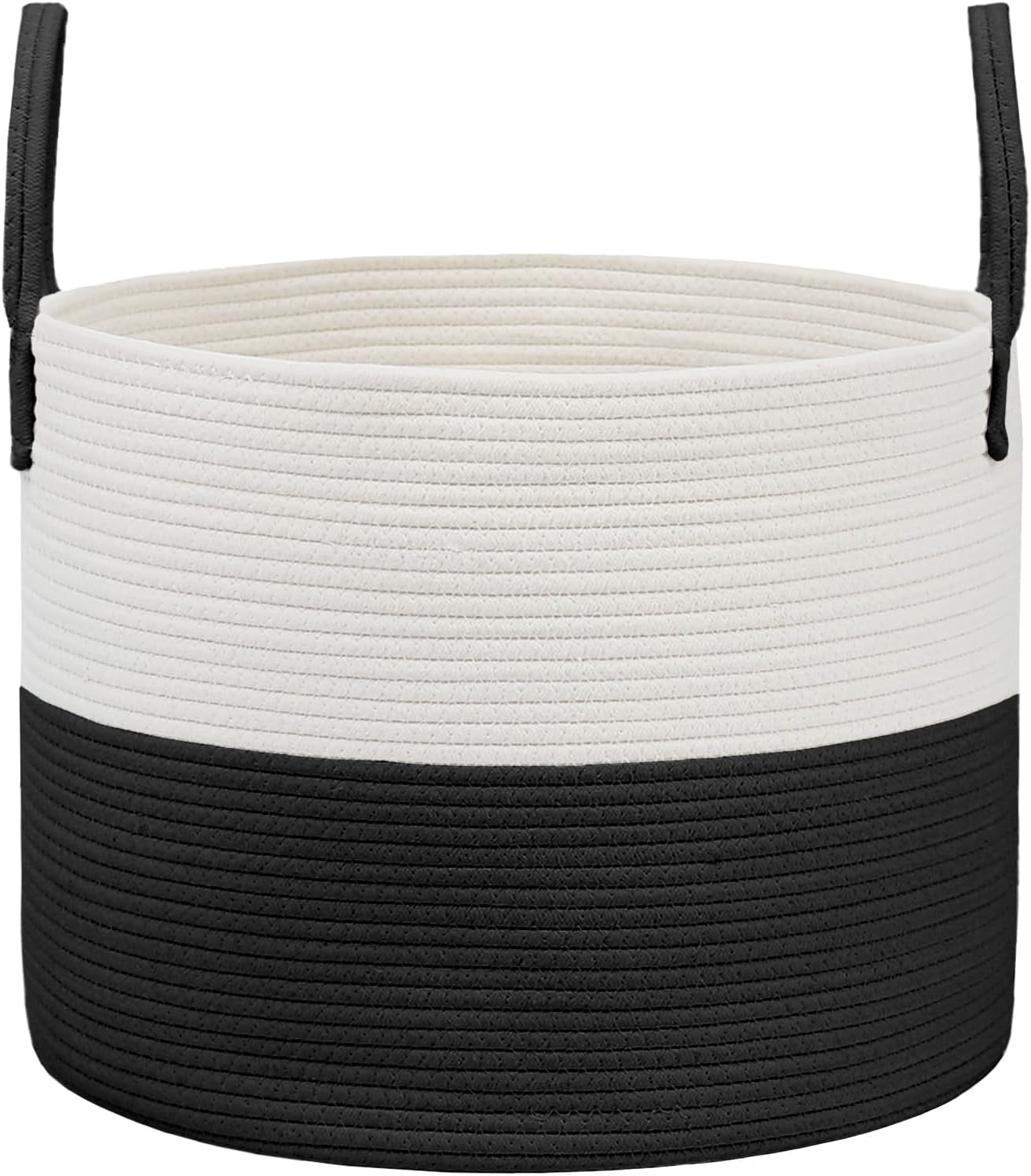 65L Extra Large Blanket Basket for Living Room - Woven Cotton Rope Laundry Hamper with Reinforced Handles - Storage Bin for Pillows, Comforters & Toys - Machine Washable,White&Black