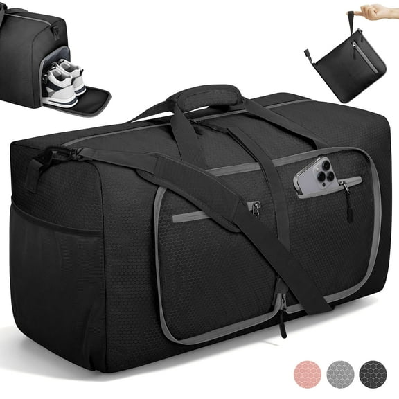 65L Large Durable Duffle Bag for Travel & Gym, Waterproof Tear-Resistant Duffel Bag with Shoes Compartment, Foldable Travel Bag for Men & Women (Black)
