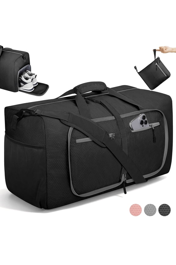 65L Large Durable Duffle Bag for Travel & Gym, Waterproof Tear-Resistant Duffel Bag with Shoes Compartment, Foldable Travel Bag for Men & Women (Black)