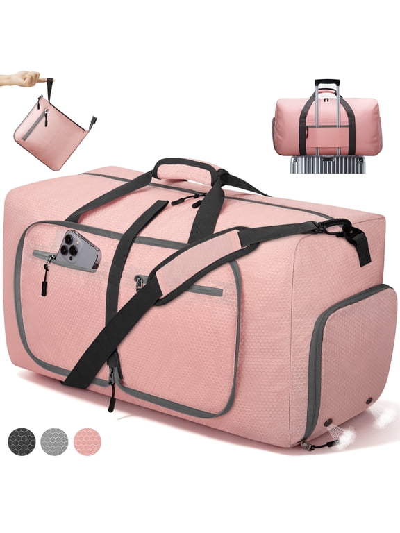 65L Large Durable Duffle Bag for Travel & Gym, Waterproof Tear-Resistant Duffel Bag with Shoes Compartment, Foldable Travel Bag for Men & Women (Pink)