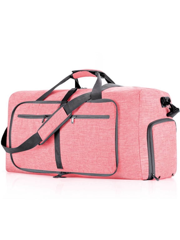 65L Foldable Duffel Bag Women, 24" Travel Bag with Shoes Compartment, Weekender Bag for Women with Trolley Sleeve for Men and Women Waterproof, Large Duffle Bag for Travel, Pink