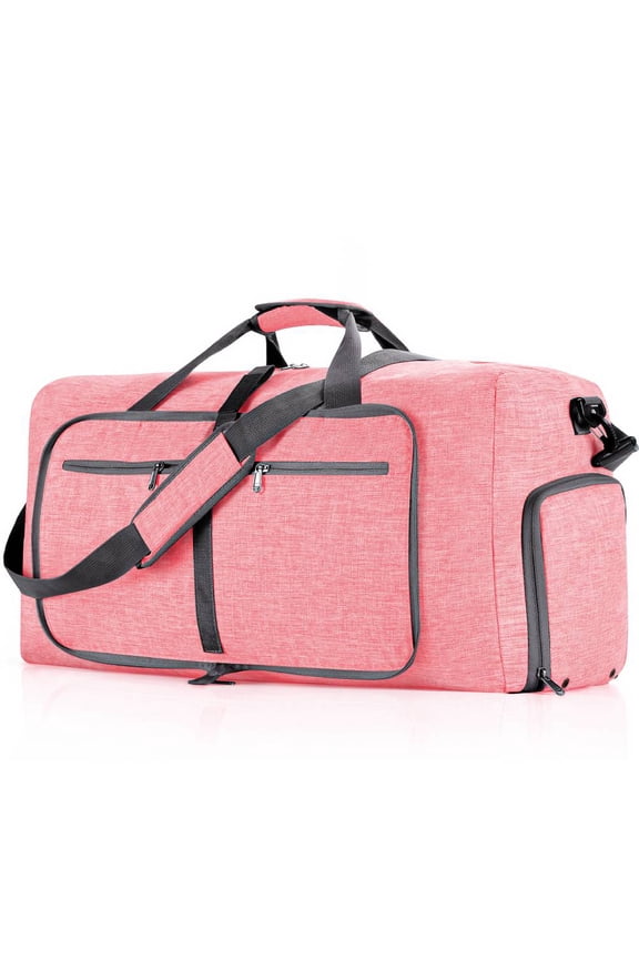 65L Foldable Duffel Bag Women, 24" Travel Bag with Shoes Compartment, Weekender Bag for Women with Trolley Sleeve for Men and Women Waterproof, Large Duffle Bag for Travel, Pink